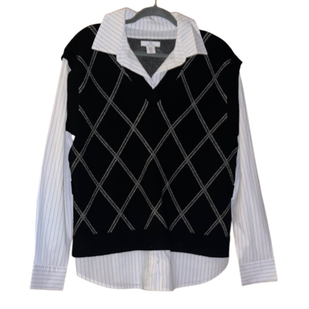 Halston Black Argyle Sweater Vest Attached Layered Blouse Women’s Size Large